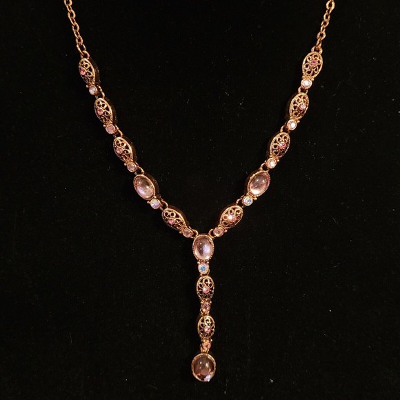 Vintage AVON Pink Glass Cabochon Y Drop Necklace Copper Filigree & Chain 22" - Picture 7 of 12